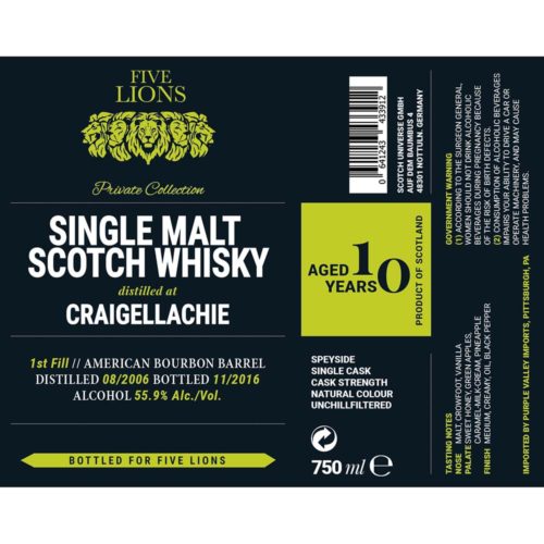 Five Lions - Single Malt Scotch Whisky - Craigellachie - Aged 10 Years
