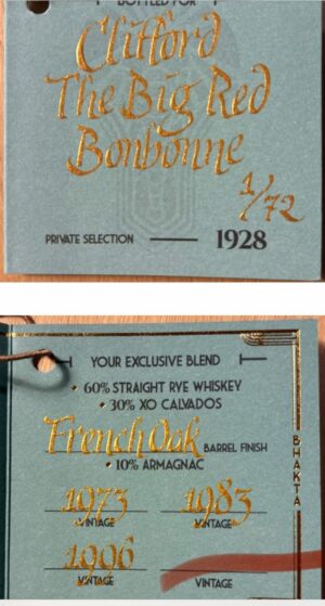 Bhakta 1928 Private Selection: Clifford the Big Red Bonbonne (10% Vintage Armagnac 1973-1983-1996, 30% XO Calvados French Cask, 60% Rye, Selected by Norfolk Whisky Group)