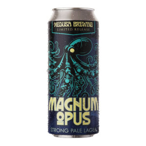 Can of Medusa Brewing Magnum Opus Strong Pale Lager with teal octopus artwork and water droplets on a dark can (Limited Release).