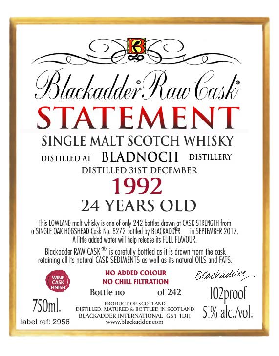 Blackadder Statement - Bladnoch - 1992 - Aged 24 Years - Edition No. 28 (51.2% ABV, 700 mL)