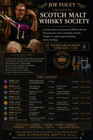 Tasting: Joe Foley Trumpets Scotch Malt Whisky Society — and NWG Attempts a Bottle Kill! (8/13/2026, 7.15 pm)