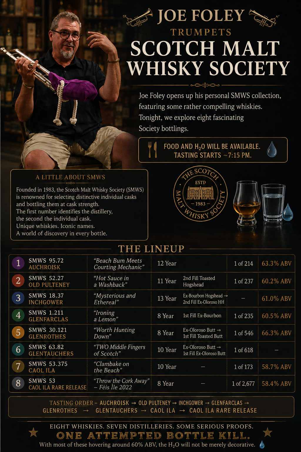Tasting: Joe Foley Trumpets Scotch Malt Whisky Society — and NWG Attempts a Bottle Kill! (8/13/2026, 7.15 pm)